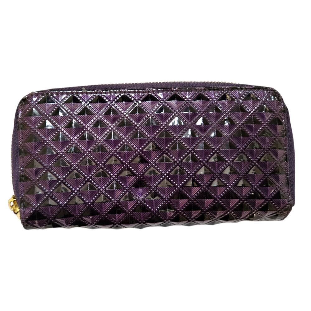 Purple Geometric Textured Double Zip Wallet Wristlet Organizer Large Clutch